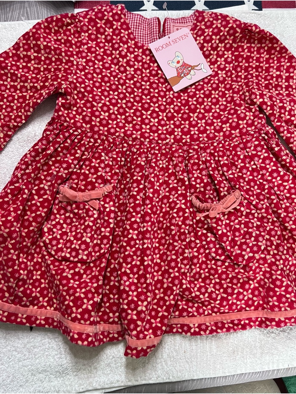 NWT Room Seven Girls Floral Cotton Dress 12M Red Pink Long Sleeve Pocket Bow